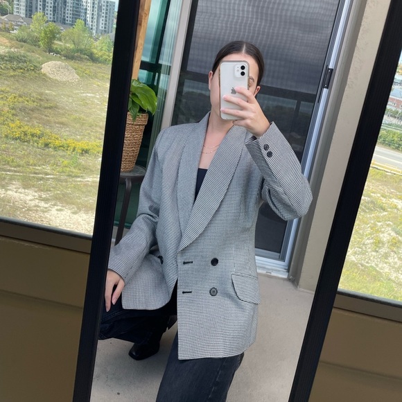 Vintage Oversized Double Breasted Blazer Black Houndstooth Size Small - Picture 2 of 13